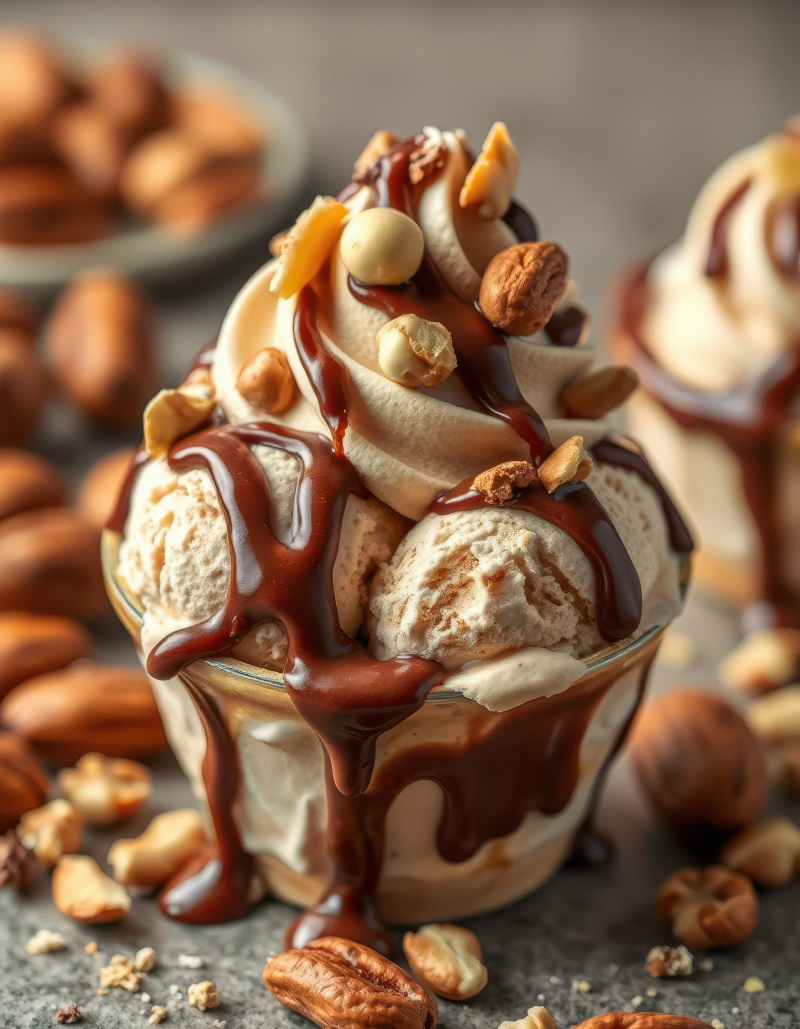 Indulgent dessert served in a cup garnished with nuts and chocolate drizzle at a cozy café